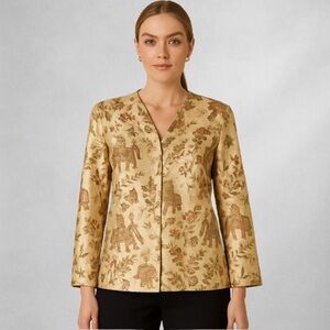 Vintage Talbots 100% Silk Elephant Floral Blazer 14 Jacket Long Sleeve Plus